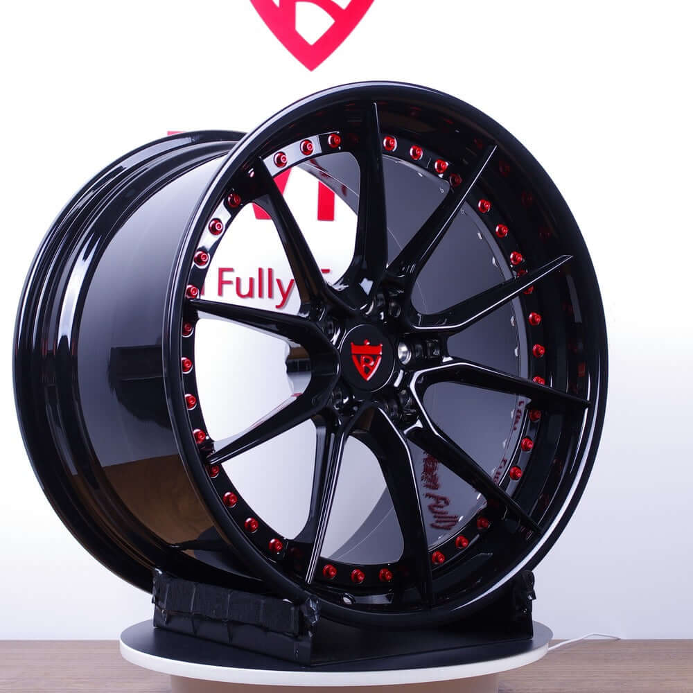 Corvette C7 Z06 Forged Rims with all gloss black and red color, 19x10/20x12 setup, RVRN custom forged 2-Piece Wheels series