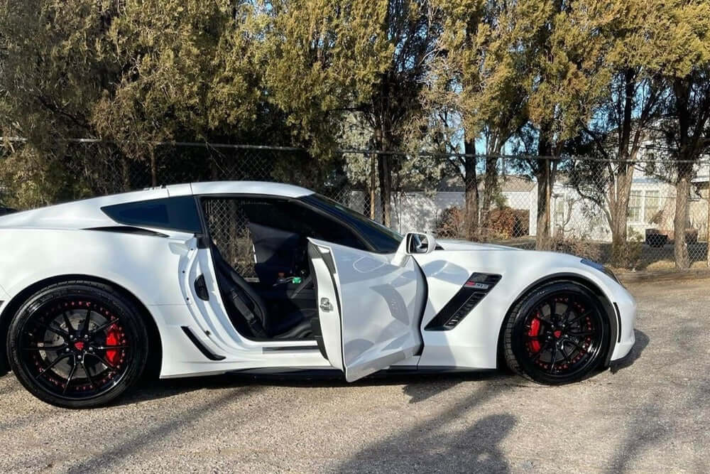 Corvette C7 Z06 Forged Rims with all gloss black and red color, 19x10/20x12 setup, RVRN custom forged 2-Piece Wheels series