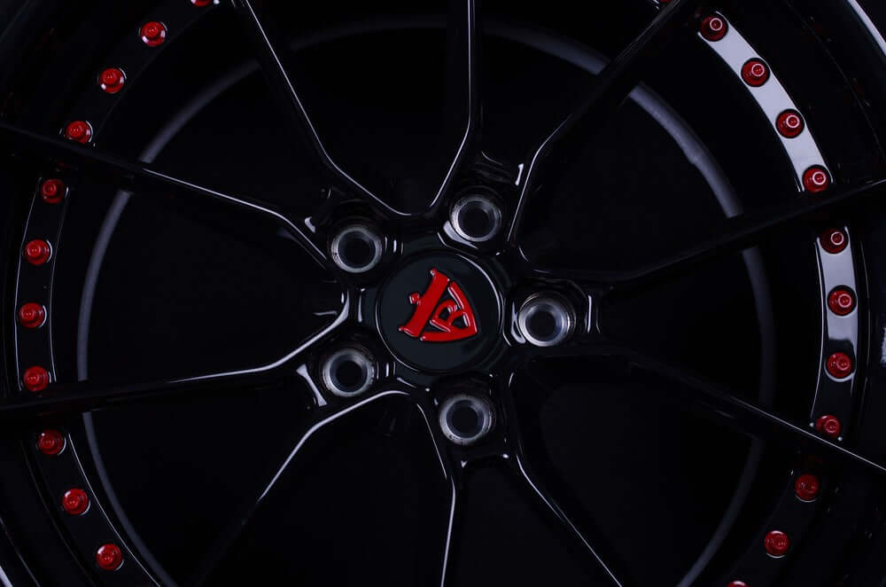 Corvette C7 Z06 Forged Rims with all gloss black and red color, 19x10/20x12 setup, RVRN custom forged 2-Piece Wheels series