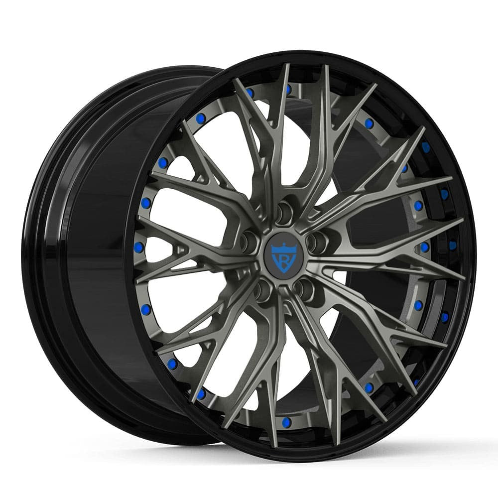 Rapid Blue Corvette C8 Z51 with a set of custom forged 2-piece wheels in gloss black face, gunmetal lip and rapid blue screws-customize your own unique rims