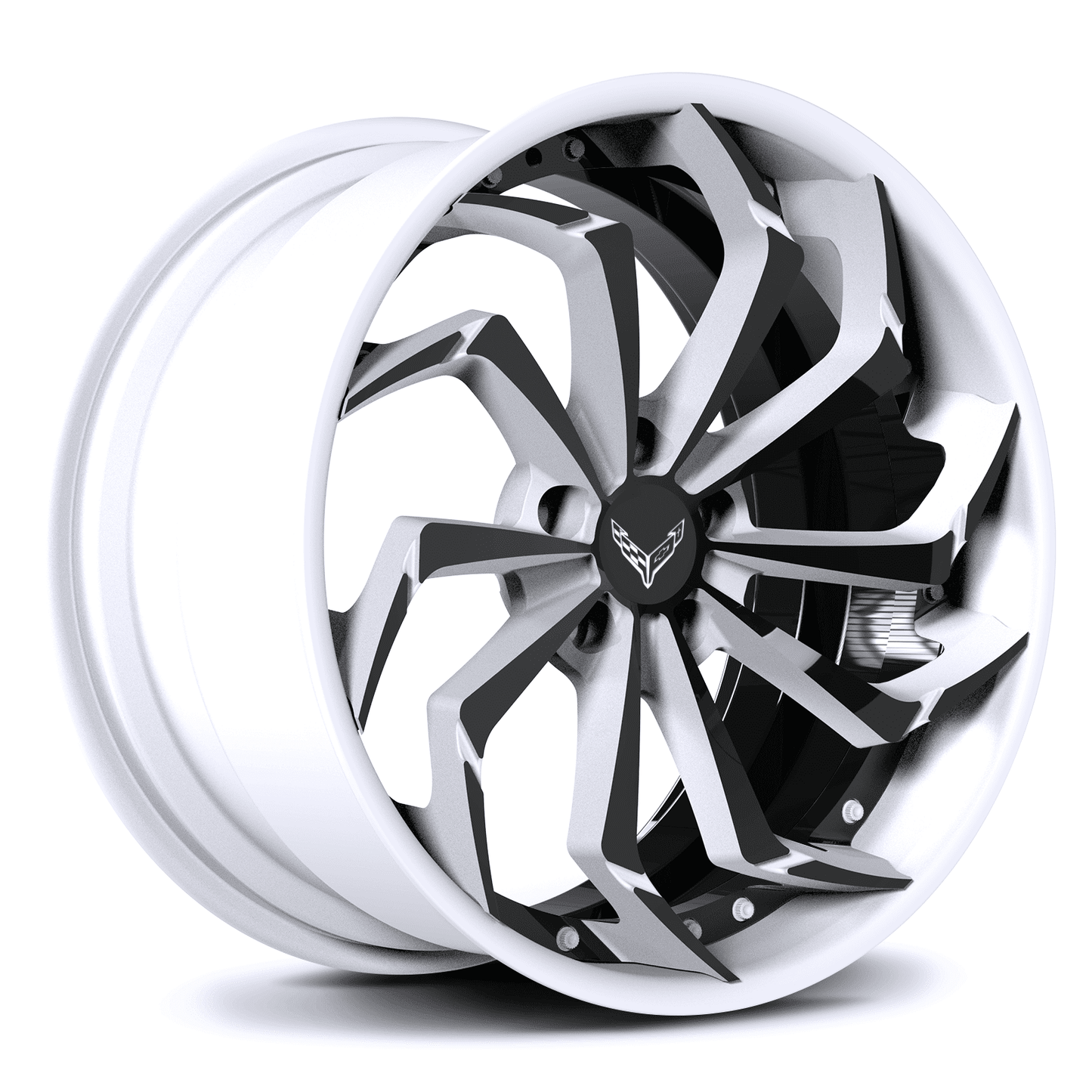 Custom Aggressive Aftermarket Forged Wheels for Corvette C8 Z51 with black, white, blue, yellow color options. Customize your own rims with RVRN Wheels Forged 2-Piece Seires