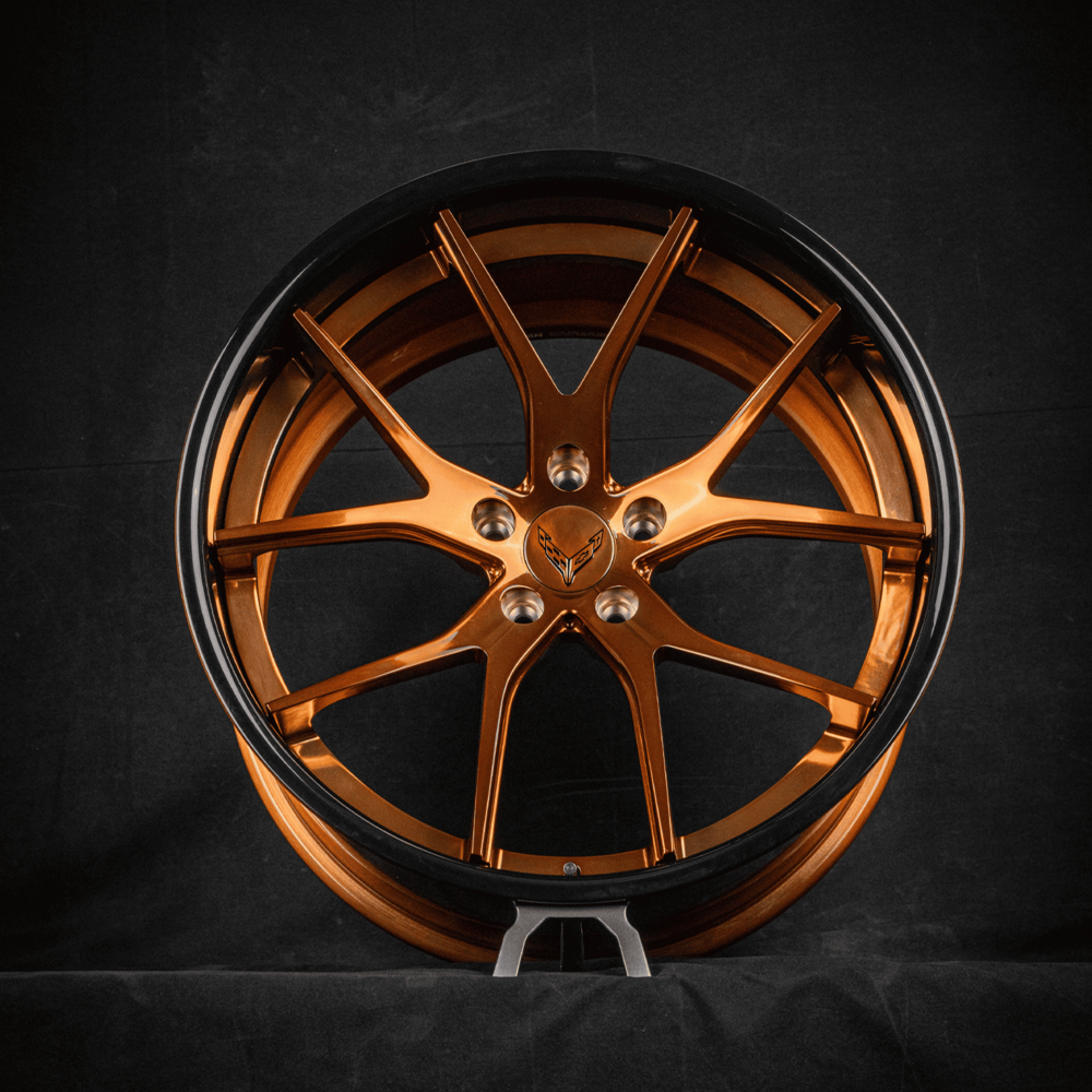 Corvette C8 Z06 concave wheels in 20x10 / 21x13 OEM size, RVRN Custom forged 2-piece deep concave rims with polished bronze face, black lip