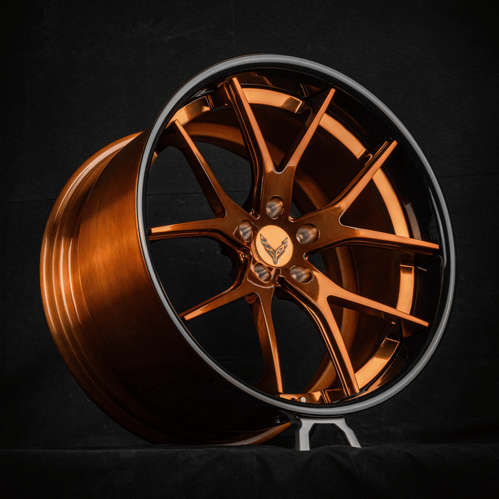 Corvette C8 Z06 concave wheels in 20x10 / 21x13 OEM size, RVRN Custom forged 2-piece deep concave rims with polished bronze face, black lip