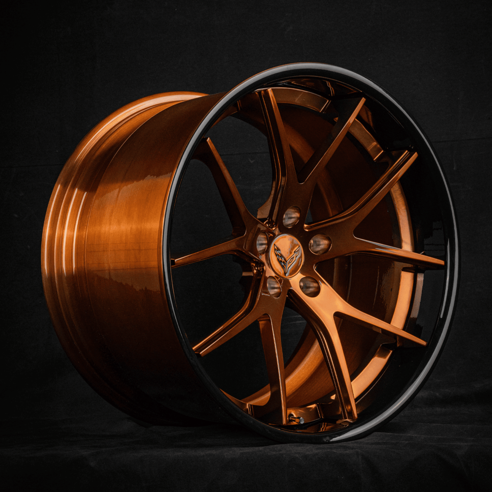 Corvette C8 Z06 concave wheels in 20x10 / 21x13 OEM size, RVRN Custom forged 2-piece deep concave rims with polished bronze face, black lip