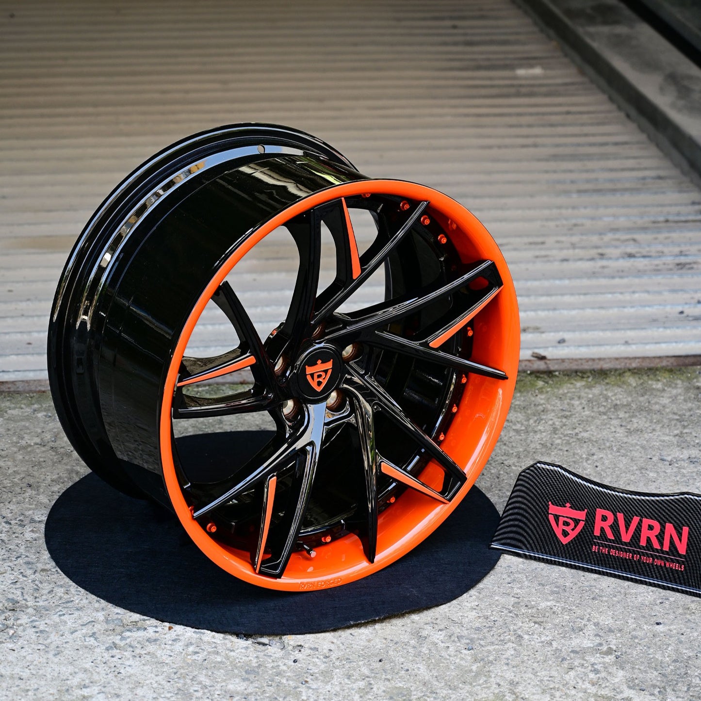 Super deep concave custom wheels with orange and black finish for 2020-2025 Corvette C8 Stingray Z51-OEM Setup