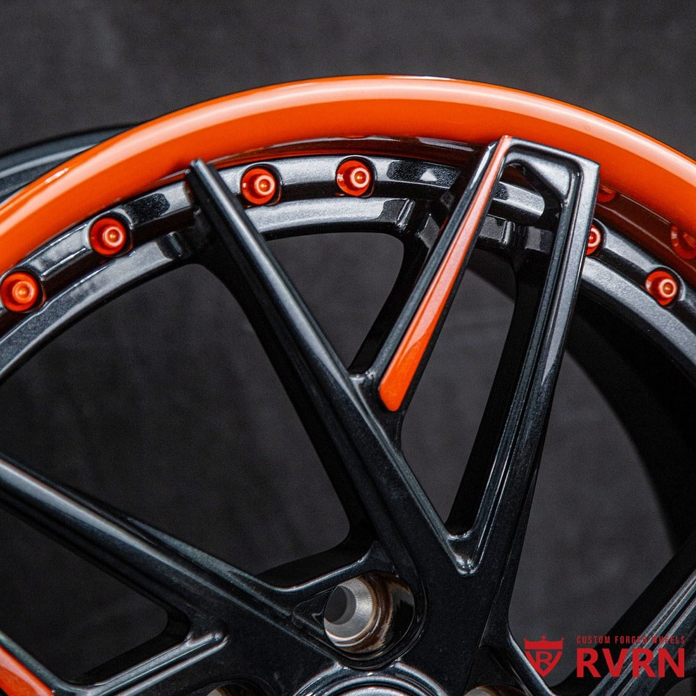 Forged RV-DS74 Corvette Z51 wheels in orange and black – rear detail shot
