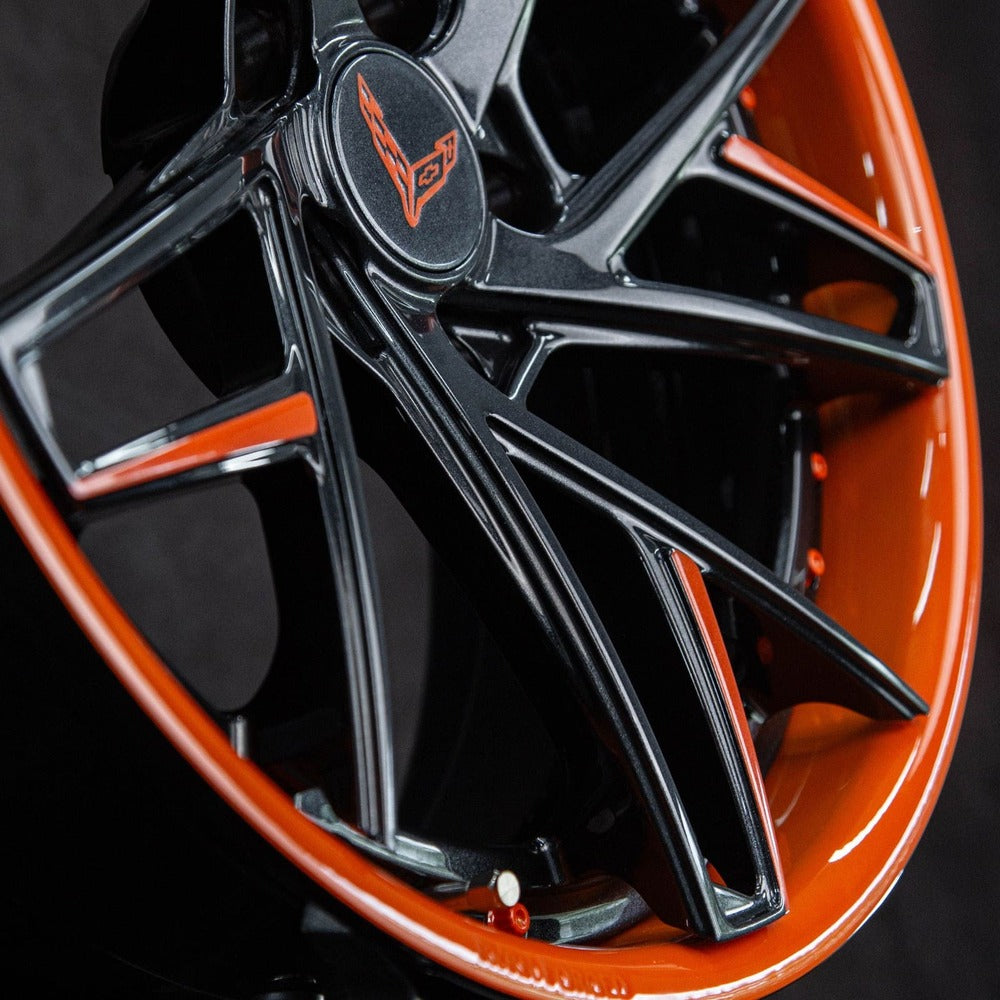 Corvette C8 Z51 custom wheels – RV-DS74 orange & black concave fitment