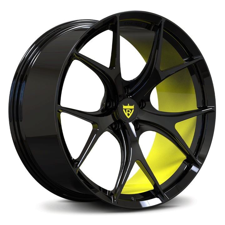Corvette Accelerate Yellow and black rims for Corvette, RVRN custom forged monoblock concave wheels series RV-MR05