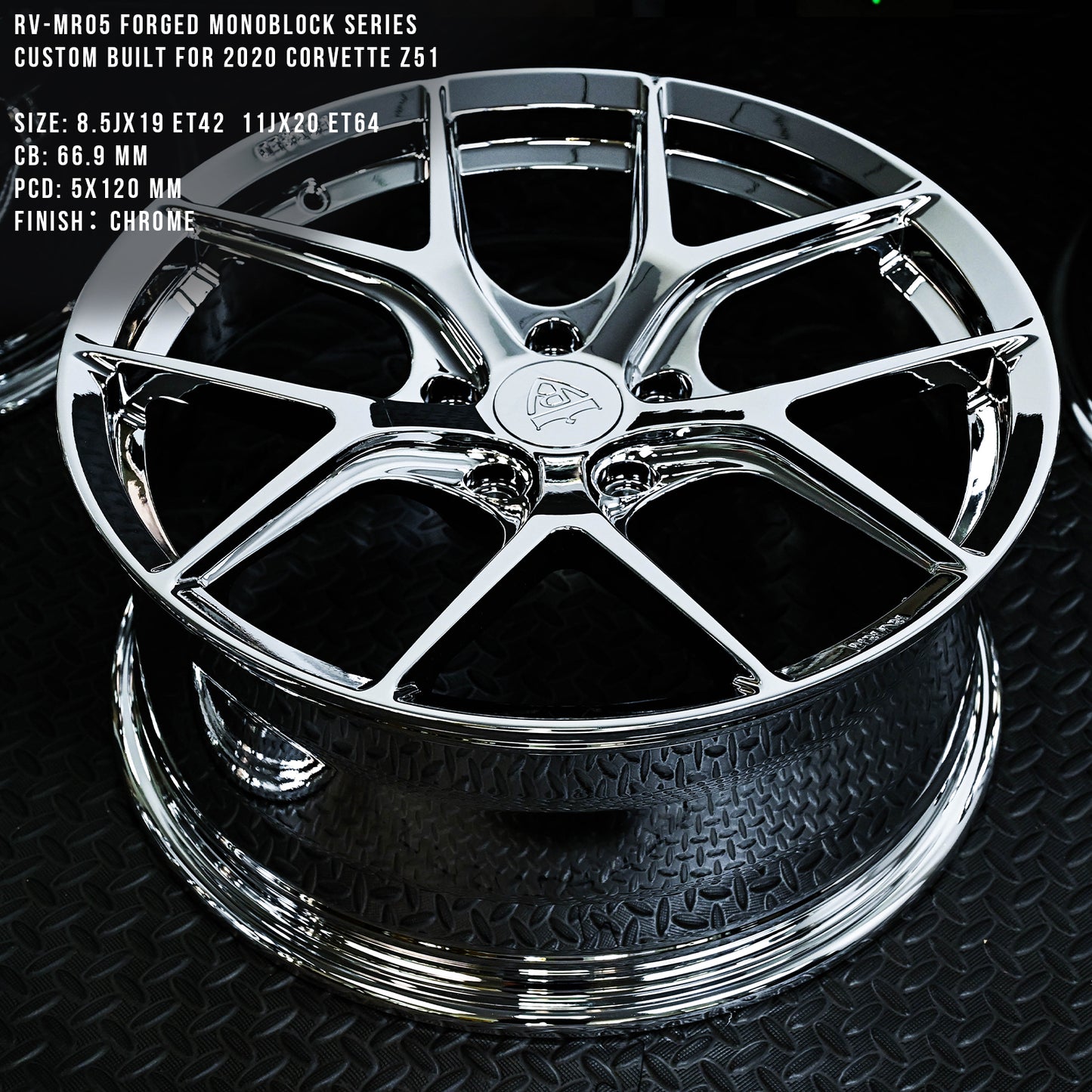 Chrome rims for Corvette C8 Z51 with 19x8.5/20x9 size or 20x9/21x12 size, RVRN custom forged monoblock performance concave wheels series RV-MR05