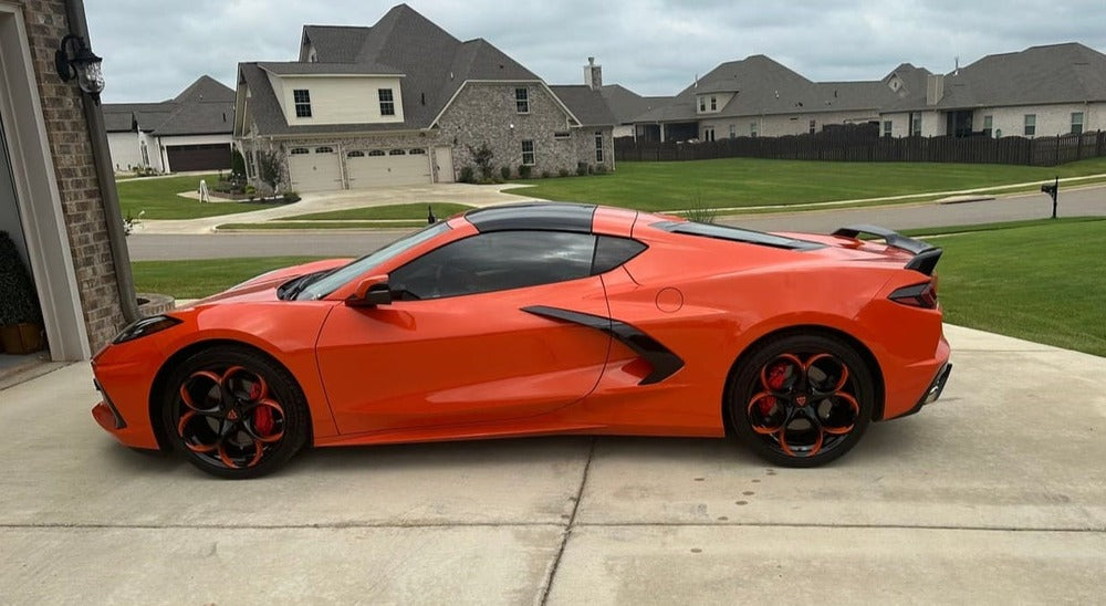Orange Corvette on a set of custom forged performance aftermarket wheels in Orange and black color-RVRN Fully Forged 1-Piece RV-MS016 Series