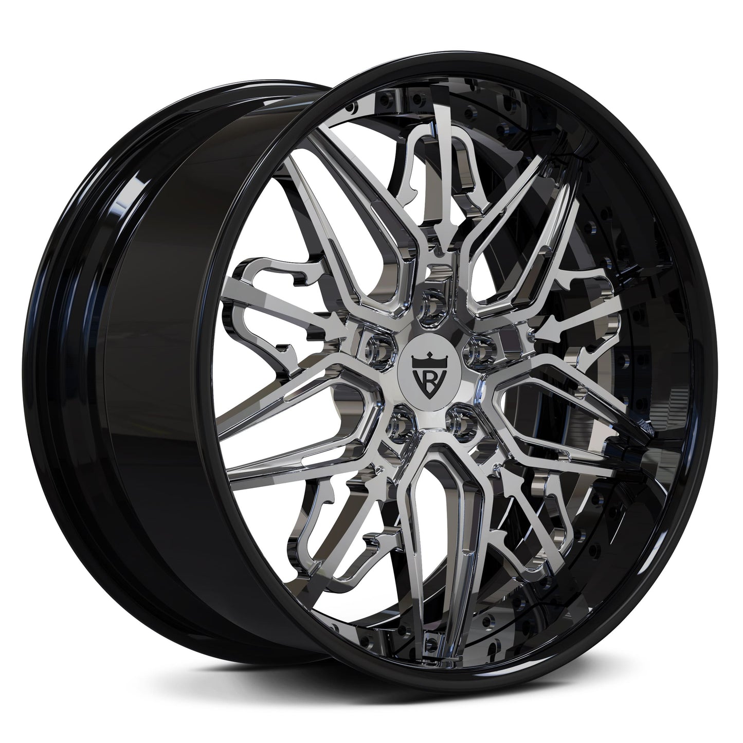 Shiny chrome & black aftermarket deep dish wheels installed on C7 Corvette grand sport