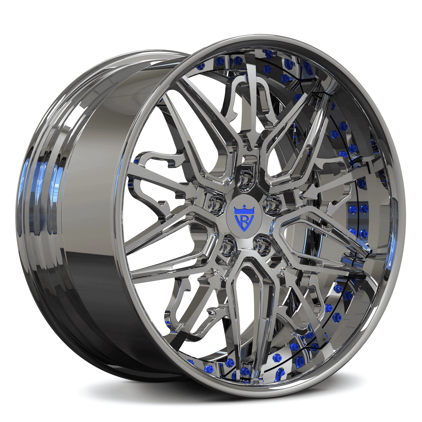 Shiny chrome aftermarket deep dish wheels installed on C7 Corvette grand sport