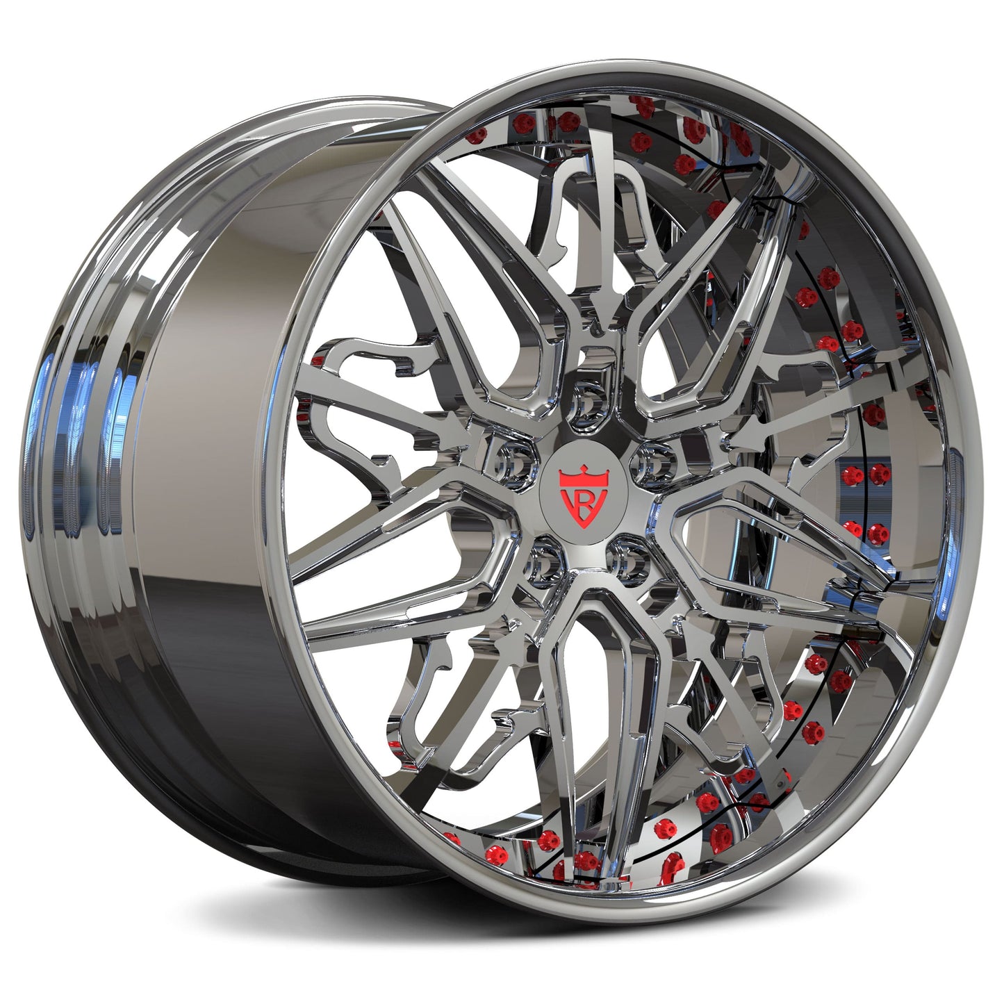 Shiny chrome aftermarket deep dish wheels installed on C7 Corvette grand sport
