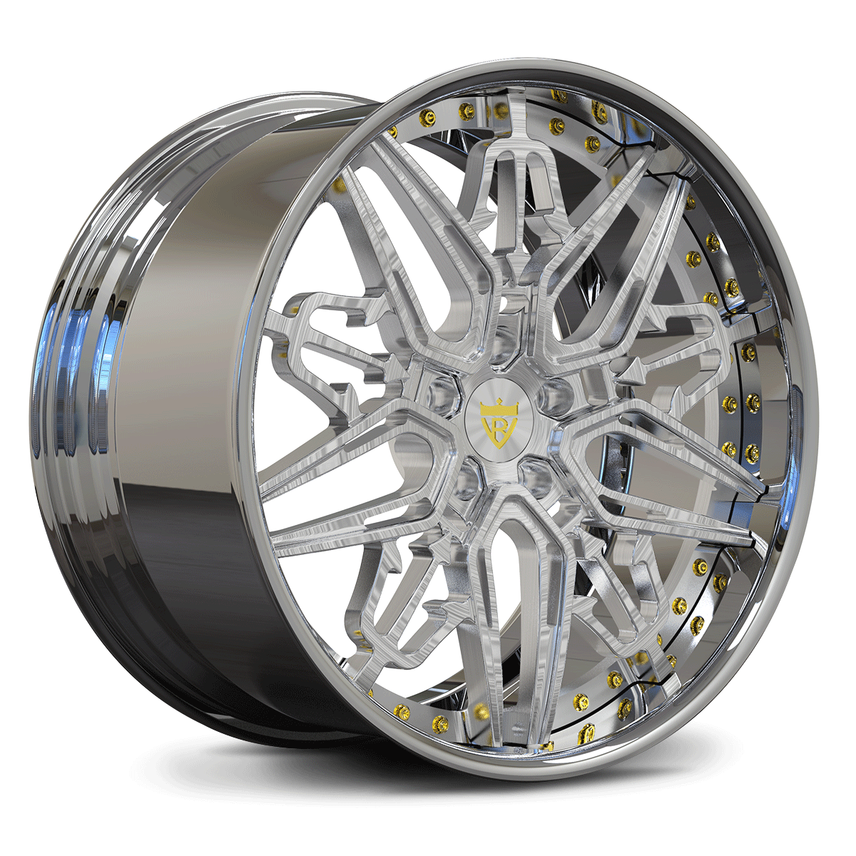 Shiny chrome aftermarket deep dish wheels installed on C7 Corvette grand sport