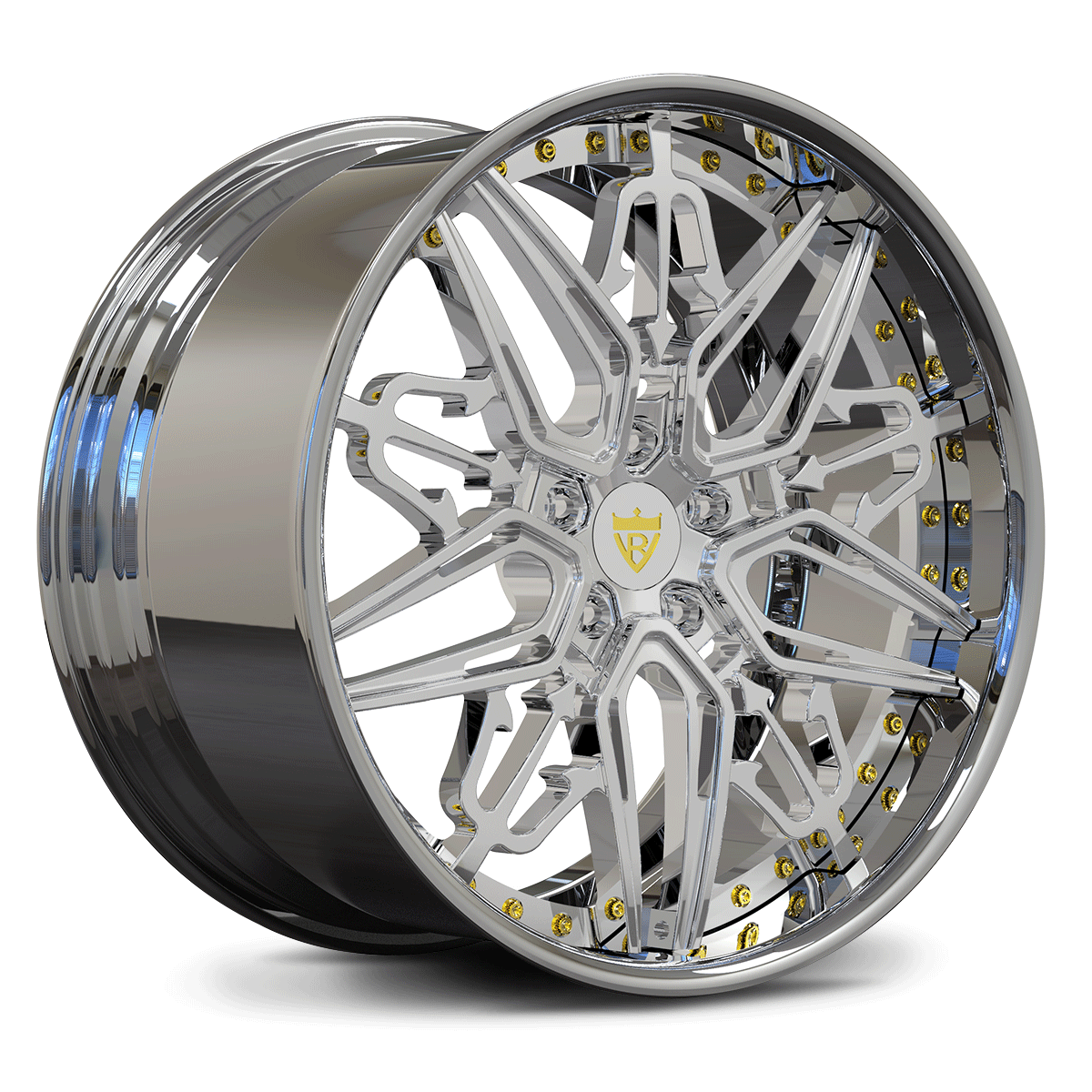 Shiny chrome aftermarket deep dish wheels installed on C7 Corvette grand sport