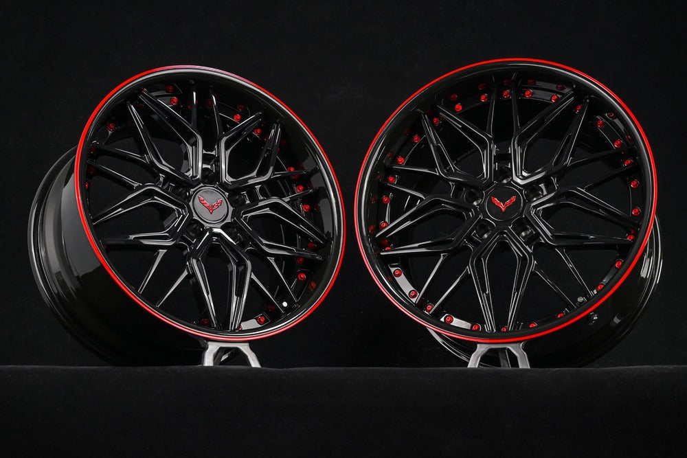 Custom forged black and red Corvette C7 Grand Sport deep dish wheels, showcasing sleek design and quality craftsmanship.