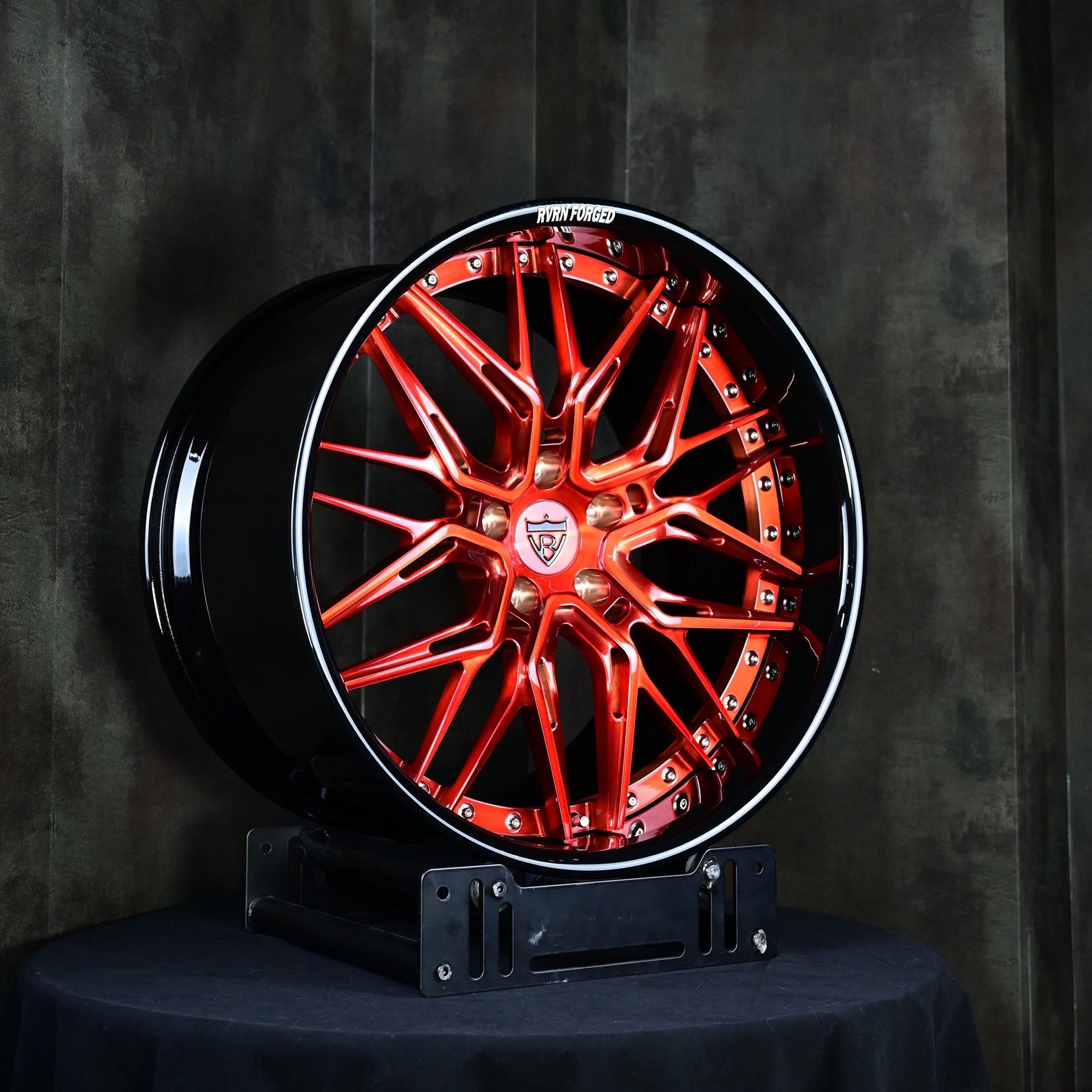 Corvette C8 Z06/E-Ray Deep Dish Wheels Series-Monoblock, 2-Piece (20x10/21x13) - RVRN Forged wheel in red and black design.