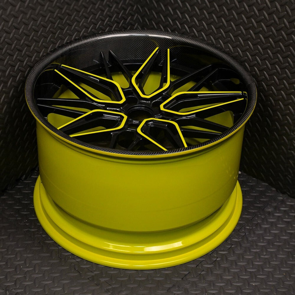 Corvette Accelerate Yellow Custom Forged Wheels Collection showcasing a vibrant yellow and black custom forged wheel design.