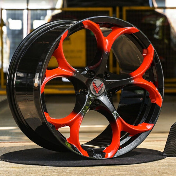 Corvette C8 Stingray with RV-MS016 forged wheel front view red fade spoke black barrel
