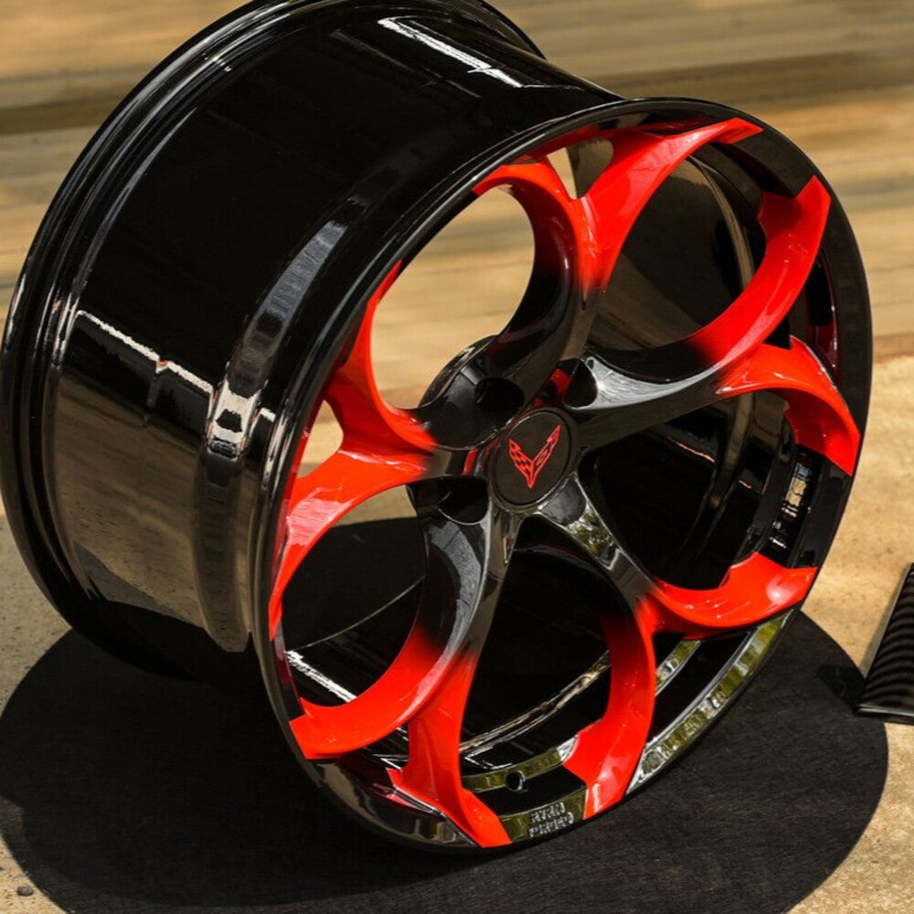 Corvette C8 Stingray RV-MS016 forged wheel rear view gloss black barrel red fade spokes