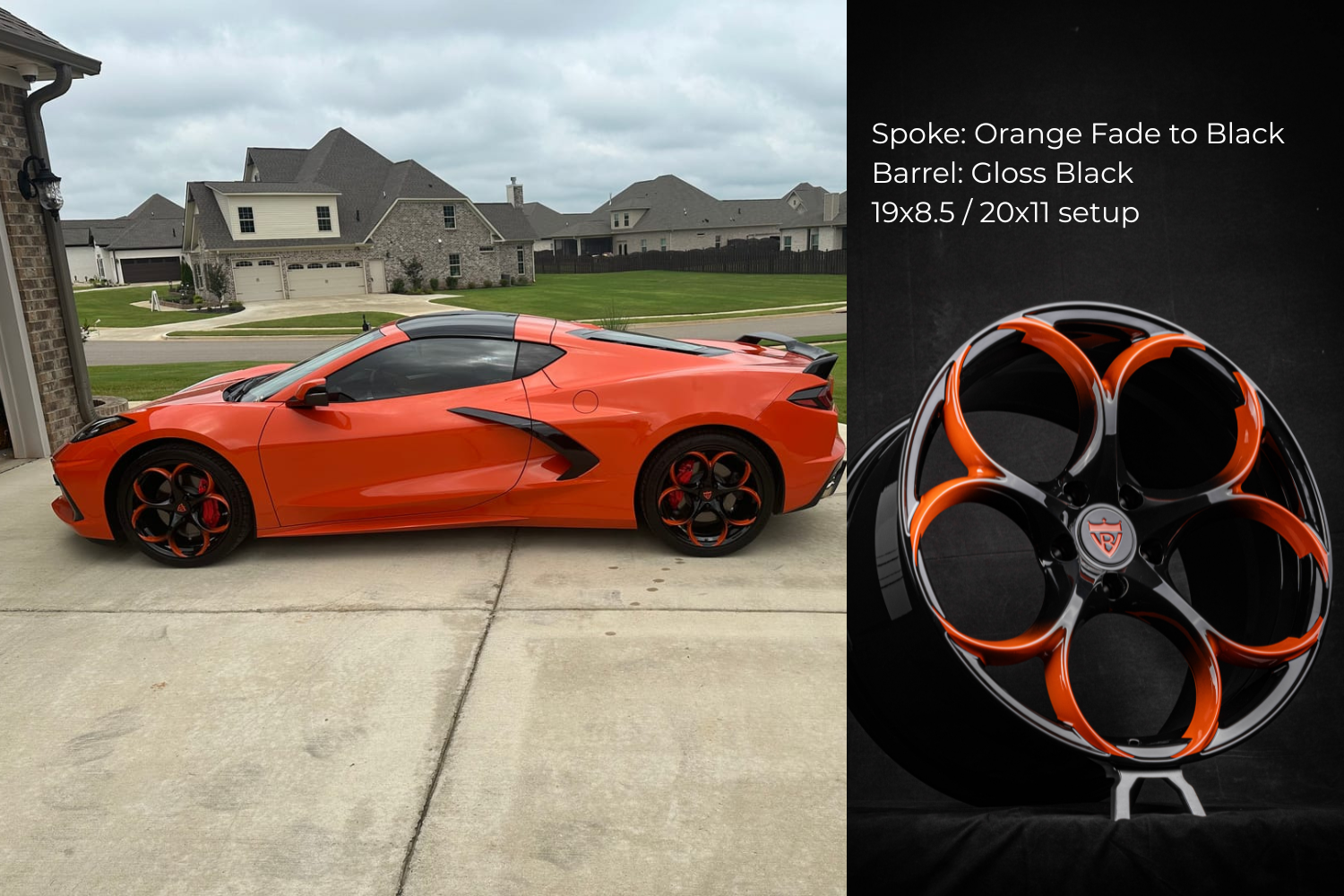 Orange Corvette on a set of custom forged performance aftermarket wheels in Orange and black color-RVRN Fully Forged 1-Piece RV-MS016 Series