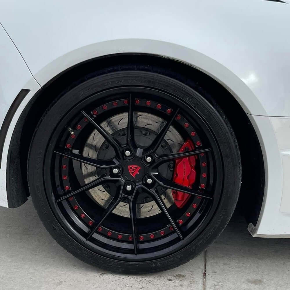 Corvette C7 Z06 Forged Rims with all gloss black and red color, 19x10/20x12 setup, RVRN custom forged 2-Piece Wheels series 