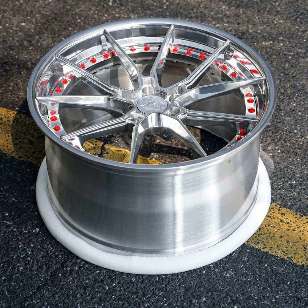 RVRN RV-DB082 with red screws and polished spokes on C8 Corvette