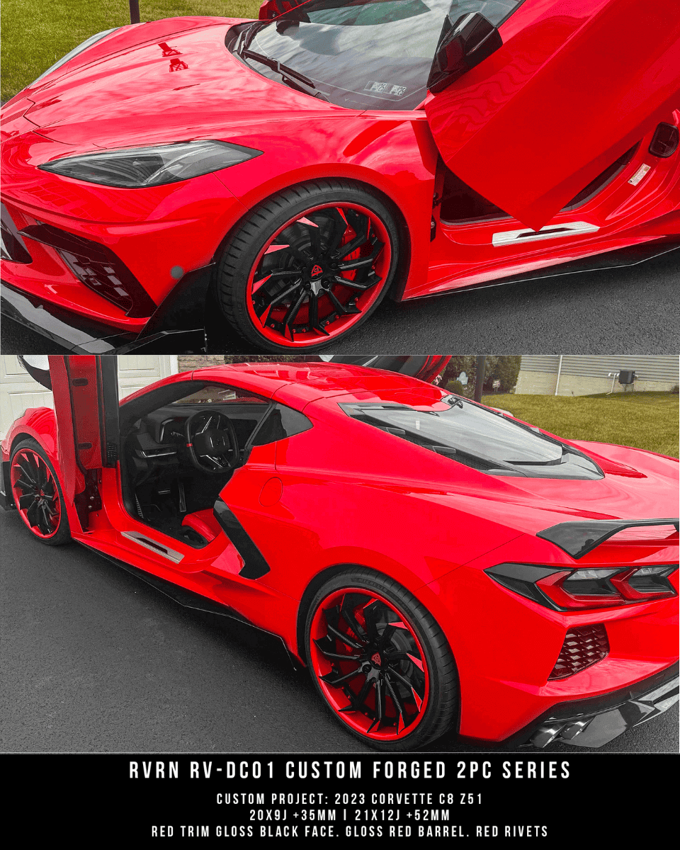Red and Black rims RV-DC01 | Custom Forged 2-Piece Corvette C8 Stingray Z51 Wheels - RVRN Custom Forged Wheels