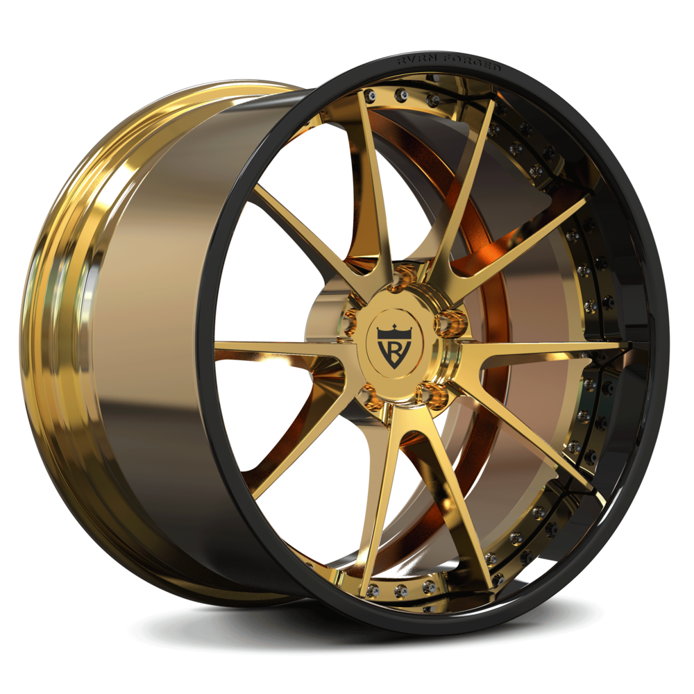 Custom deep dish rims for Corvette C7 Z06 with a black color, chrome, polish, gold color-Fully Forged 2-Piece Wheels Series-RVRN RV-DC02 gold rims