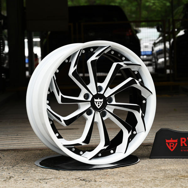 Custom Aggressive Aftermarket Forged Wheels for Corvette C8 Z51 with black, white, blue, yellow color options. Customize your own rims with RVRN Wheels Forged 2-Piece Seires