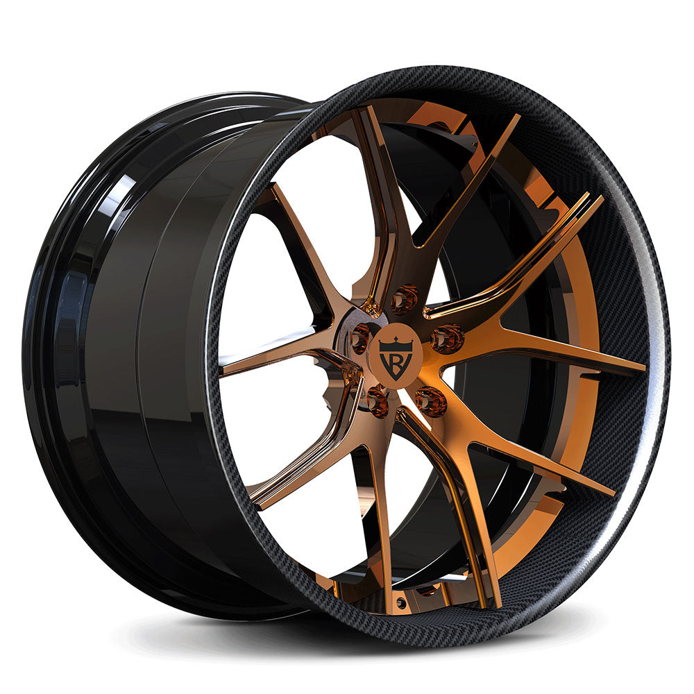 Top aftermarket forged bronze and black wheels for C7 Z06 Corvette parked outside, providing a stunning, modern and concave look-RVRN Custom Forged 2-Piece Wheels RV-DC24