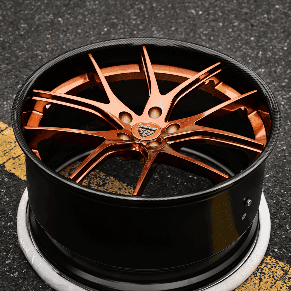 Top aftermarket forged bronze and black wheels for C7 Z06 Corvette parked outside, providing a stunning, modern and concave look-RVRN Custom Forged 2-Piece Wheels RV-DC24