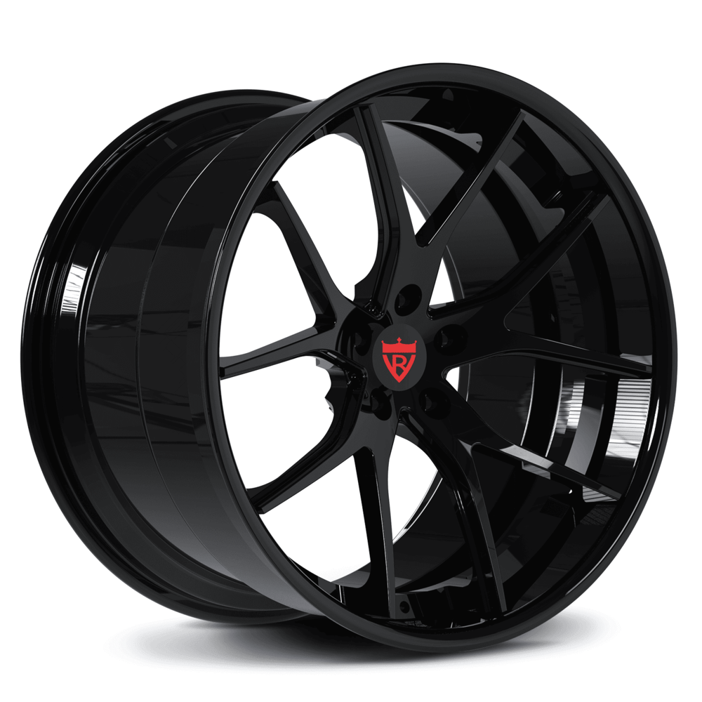 Black rims for Corvette C8 Z06 in Corvette Emblem logo, 20x10 / 21x13 OEM size, RVRN custom forged 2-piece deep concave wheels series, hidden screws version