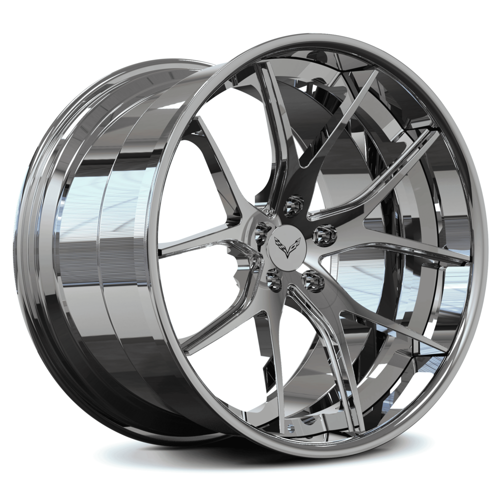 Chrome rims for Corvette C8 Z06 in Corvette Emblem logo, 20x10 / 21x13 OEM size, RVRN custom forged 2-piece deep concave wheels series, hidden screws version