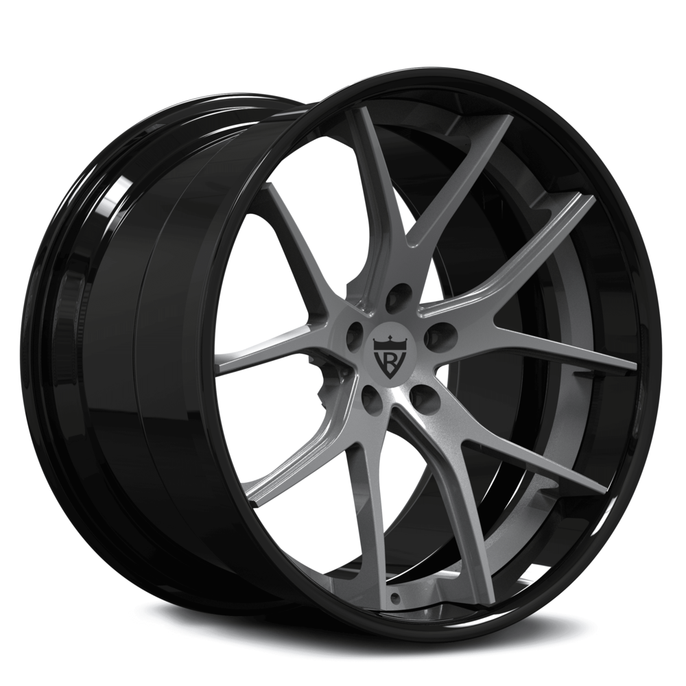 Grey and black rims for Corvette C8 Z06 in Corvette Emblem logo, 20x10 / 21x13 OEM size, RVRN custom forged 2-piece deep concave wheels series, hidden screws version