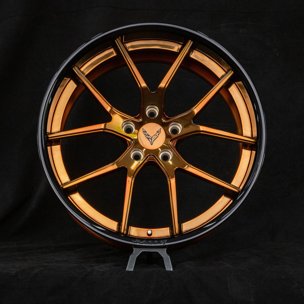 C8 Corvette aftermarket wheels in bronze – full side car shot