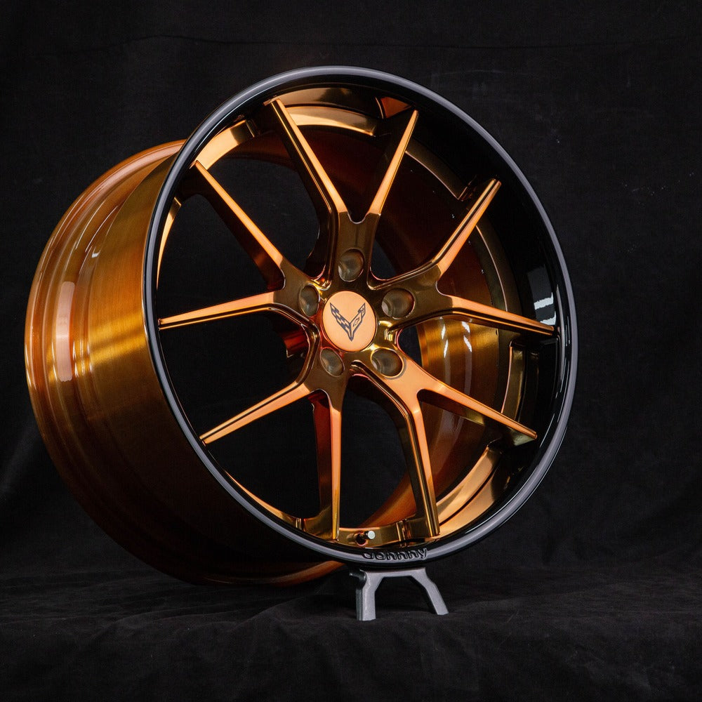 Aggressive fitment bronze wheels on Corvette Z51 – rolling shot