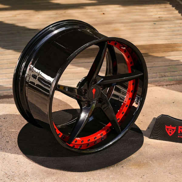 Black and red custom forged wheels for 2022 Corvette C8 Z51