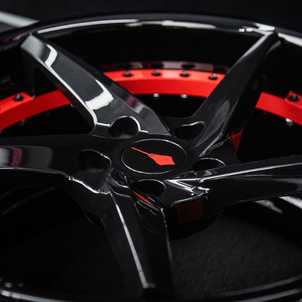 RVRN RV-DC35 side profile showing gloss black and red forged wheels on Corvette C8 Z51.