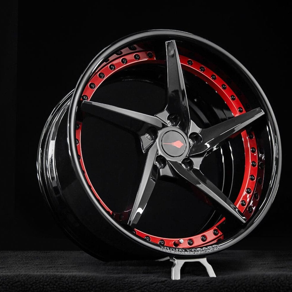 RV-DC35 forged wheels for 2021 Corvette C8 Z51 in gloss black with red accents, front angle view, custom 19x8.5 design your own wheels setup.