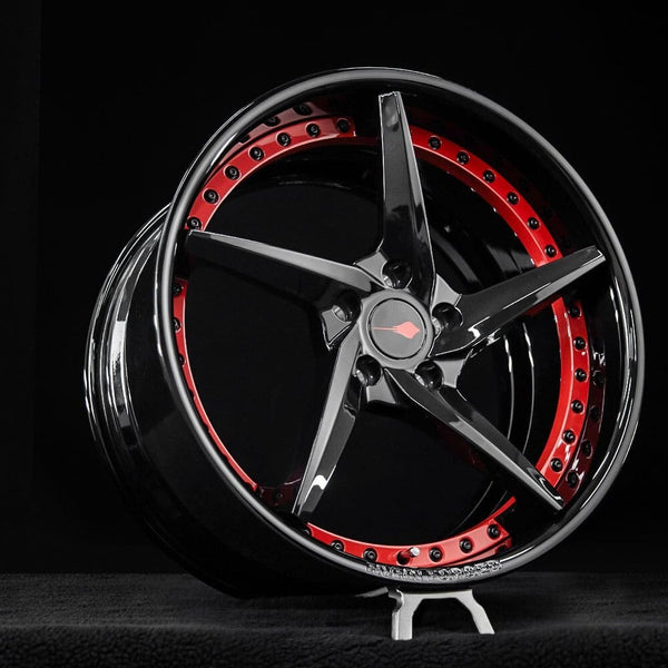 RV-DC35 forged wheels for 2021 Corvette C8 Z51 in gloss black with red accents, front angle view, custom 19x8.5 design your own wheels setup.