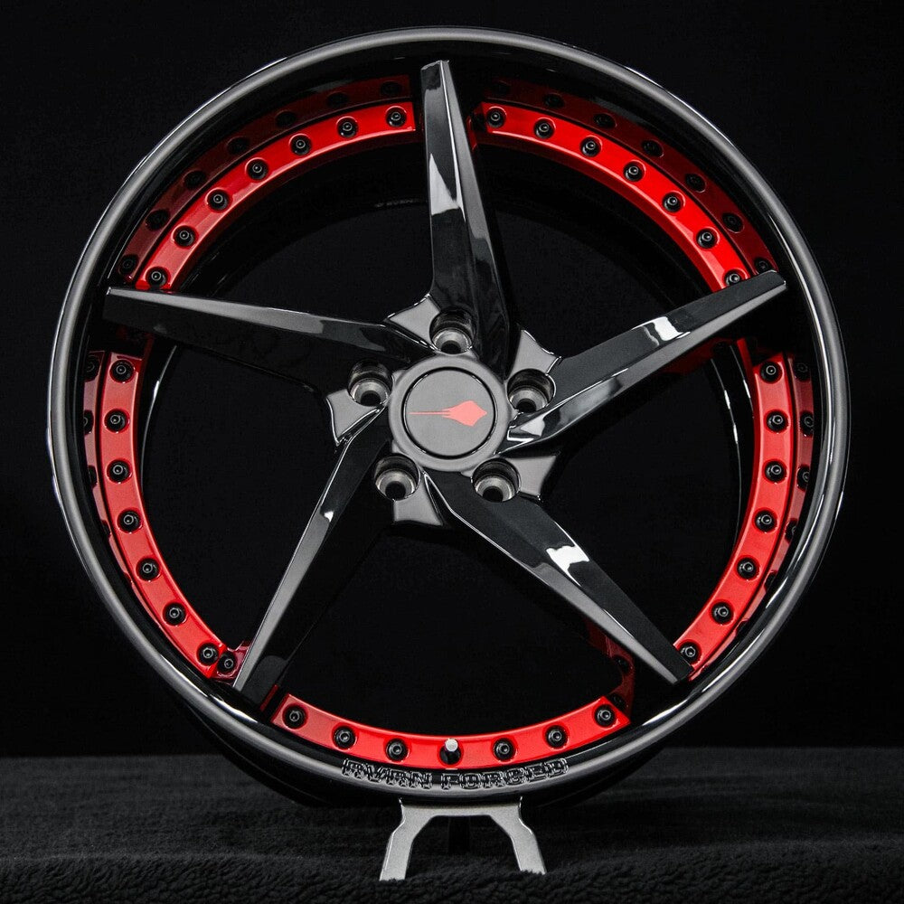 Custom 20x11 forged wheel fitment on 2021 Corvette C8 Z51 featuring black spokes and red bolt platform.