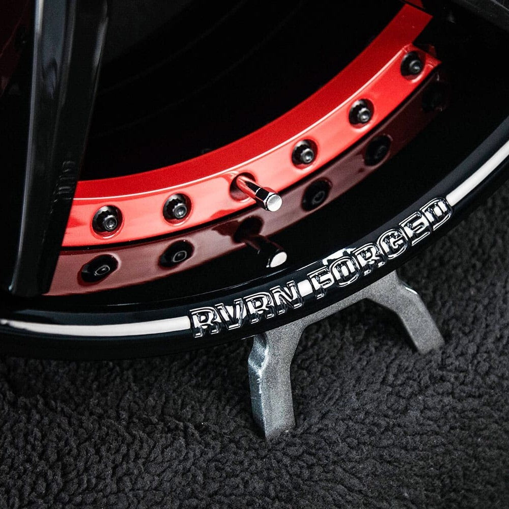 Close-up of RV-DC35 2-piece forged wheel with black spoke and red accent ring for Corvette C8.