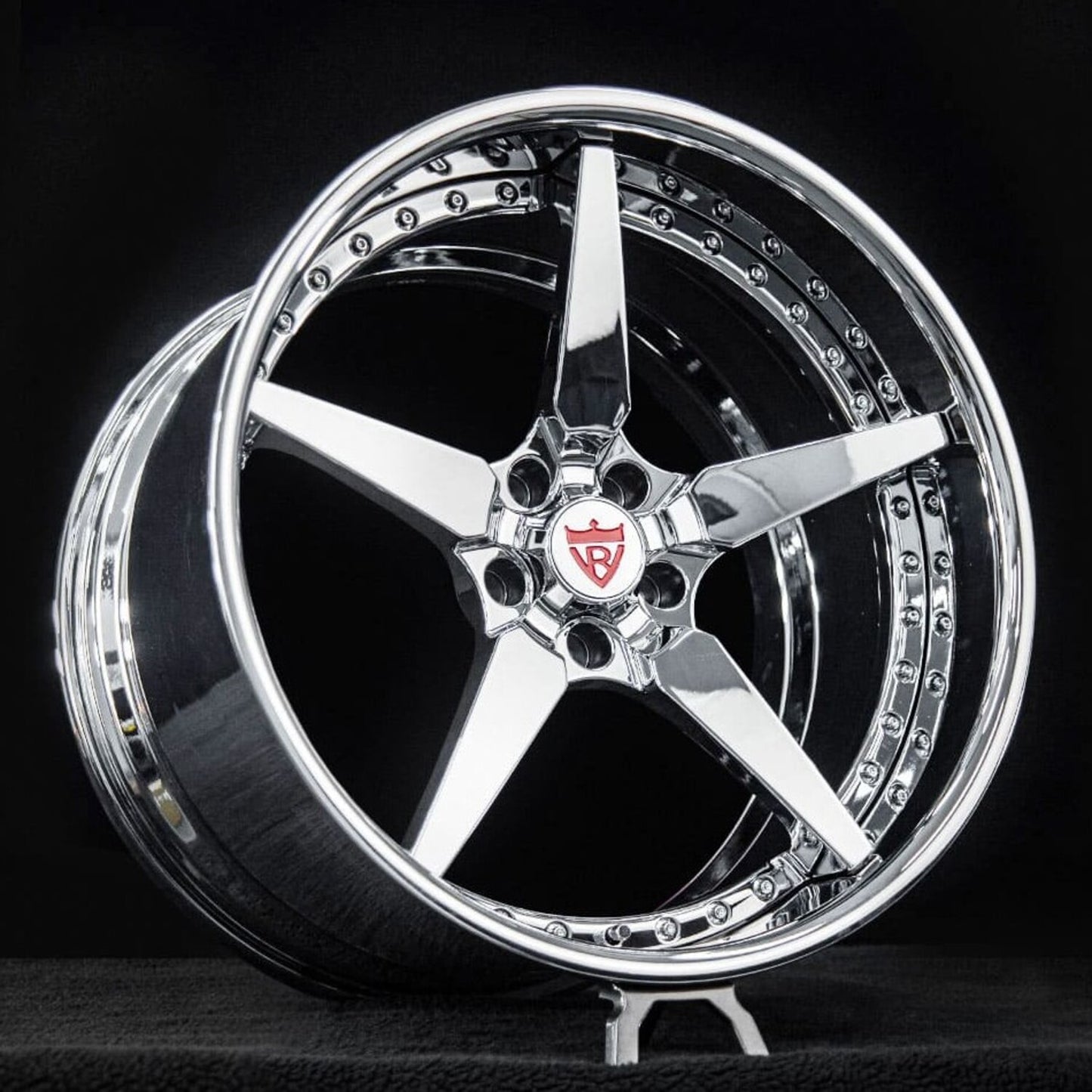 Lightweight forged construction details of RVRN chrome wheels for Corvette E-Ray.