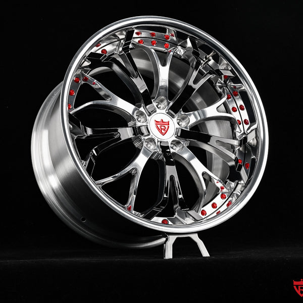 Polished barrel with bronze spokes, deep lip custom C8 Corvette forged wheels by RVRN.