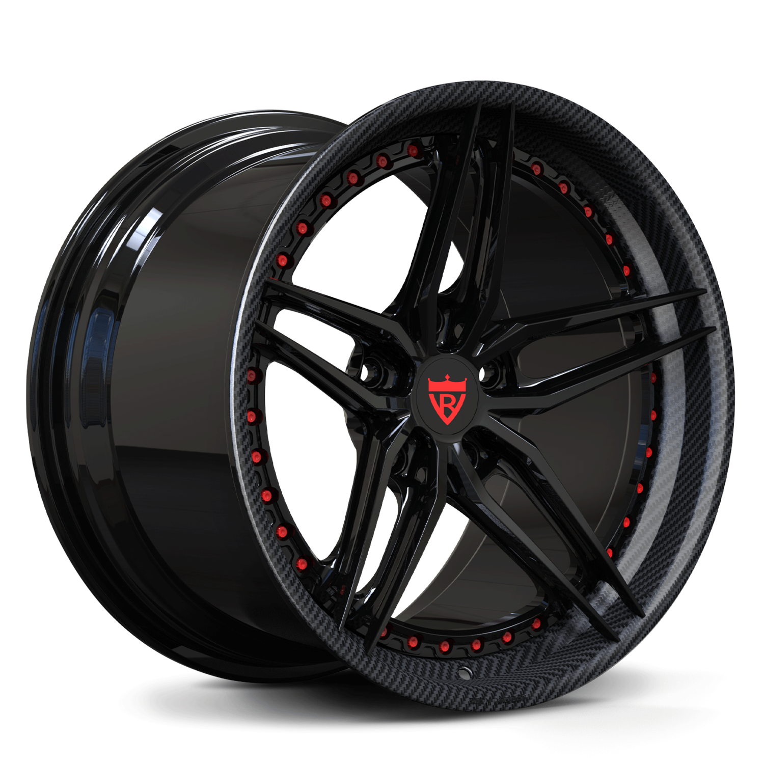Black and carbon fiber forged wheels on 2008 C6 Corvette, RVRN DP03 two-piece design with exposed carbon fiber spokes and aggressive staggered fitment