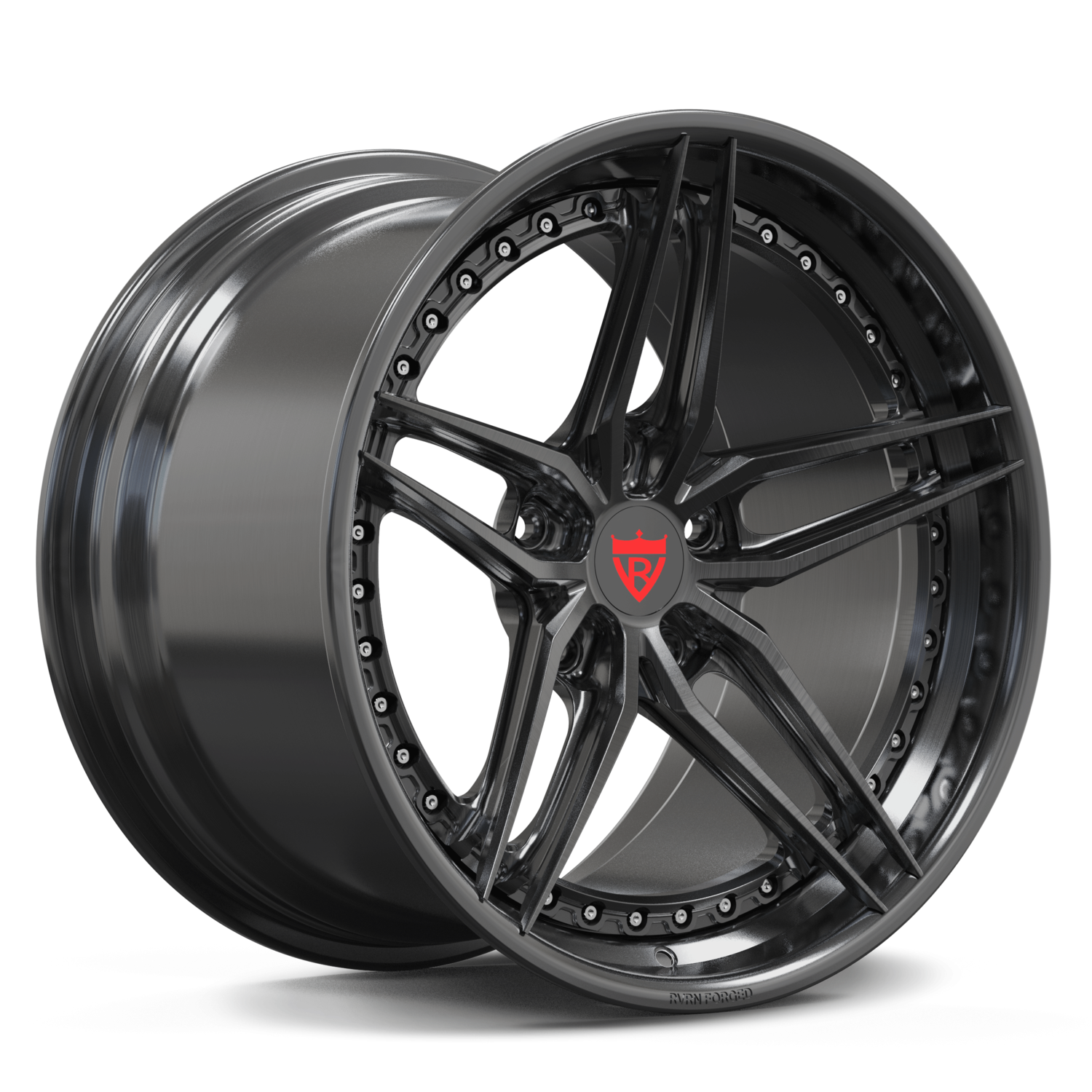 Transparent black forged wheels on 2008 C6 Corvette, RVRN DP03 two-piece wheels revealing subtle depth and layered finish under lighting