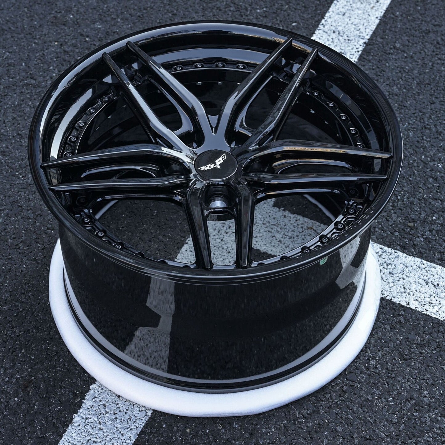 2008 C6 Corvette forged wheels RV-DP03 gloss black front view, 19x10 aggressive staggered fitment