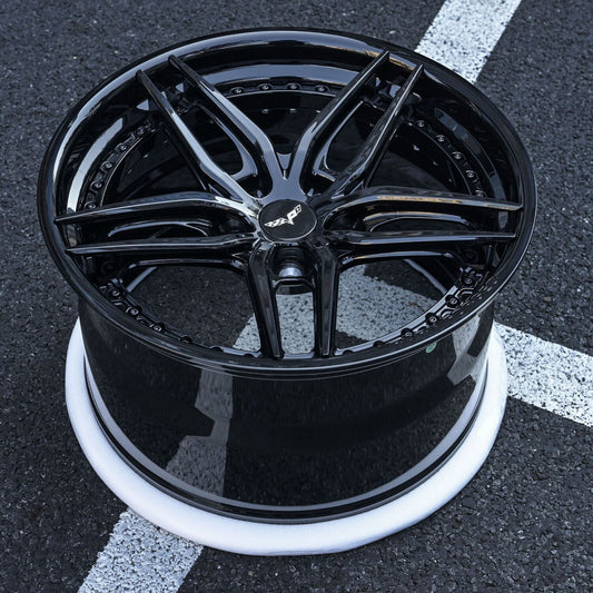 2008 C6 Corvette forged wheels RV-DP03 gloss black front view, 19x10 aggressive staggered fitment