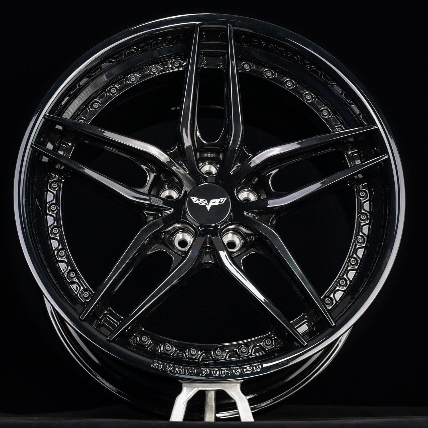 Gloss black forged wheels on C6 Corvette showing brake clearance and fitment precision